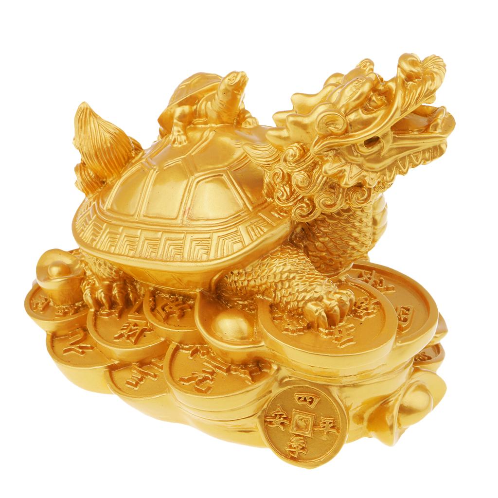 Chinese Dragon Turtle Figurine Statue Resin Ornaments Home Decor Craft Gold
