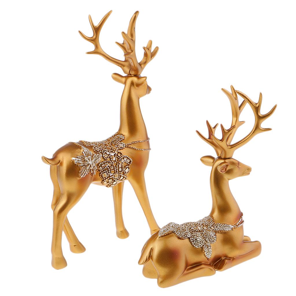Creative Home Decoration Resin Couples Elk Deer Miniatures Figurine Model Gold