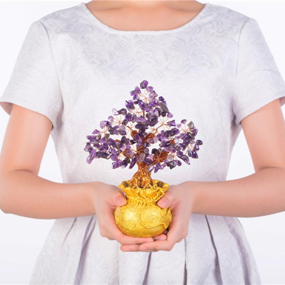 Mini Feng Shui Bring Wealth Luck Tree Crystal Money Tree Purse Purple