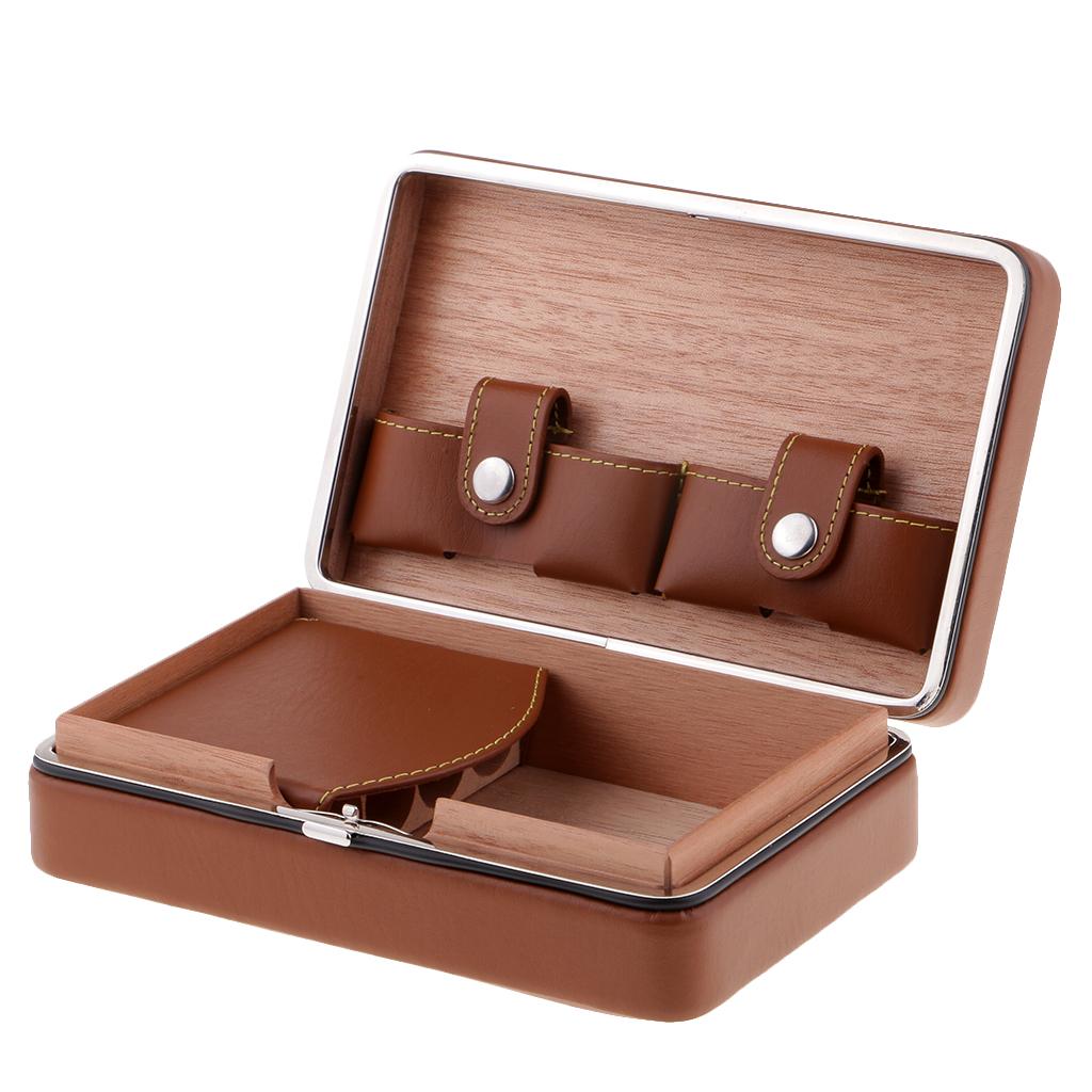Portable Cedar Cigar Humidor Case Leather Wood Lined Holder 4 Count Brown-2
