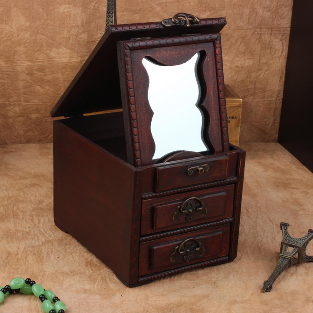 Vintage Wooden Jewelry Storage Box with Drawer Make-up Case Organizer