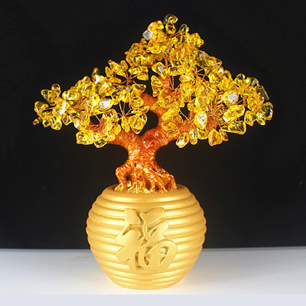 Mini Crystal Money Tree Bonsai Style Feng Shui Tree Home Decor Yellow