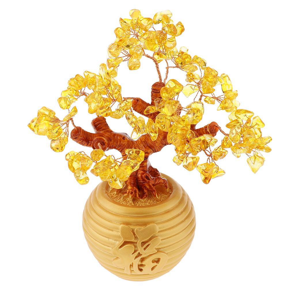 Mini Crystal Money Tree Bonsai Style Feng Shui Tree Home Decor Yellow