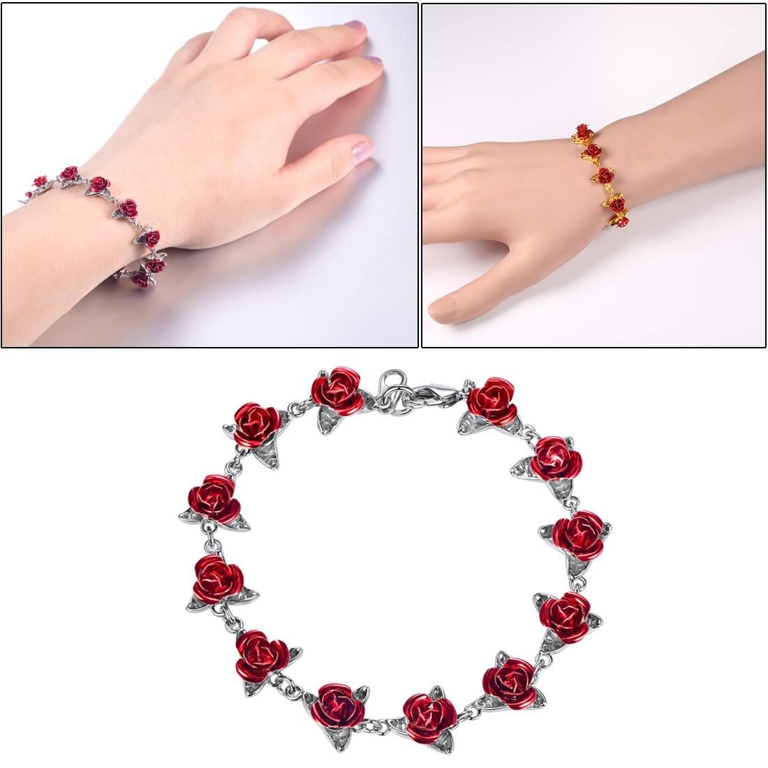 Bracelet Red Rose Flowers Wrist Chain Bracelets For Women (Silver)