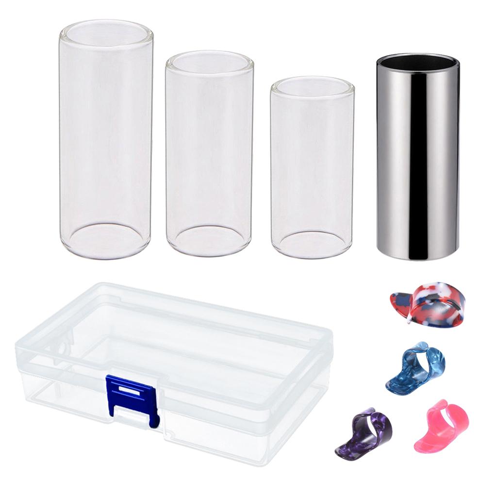 3Pcs Glass Slide +1 Pc Stainless Steel Slide + 4 Pcs Guitar Finger Picks Box