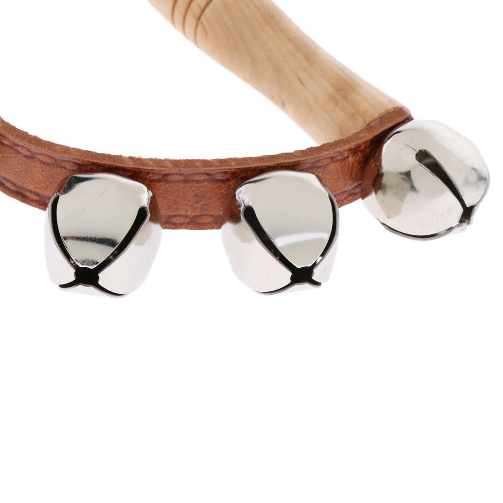Wooden Handle Bell Shaker Sleigh Bells with Strap Shaking Percussion 10.8cm