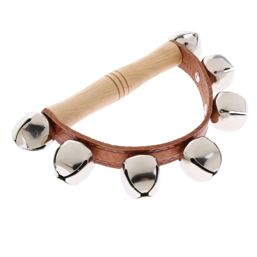 Wooden Handle Bell Shaker Sleigh Bells with Strap Shaking Percussion 10.8cm