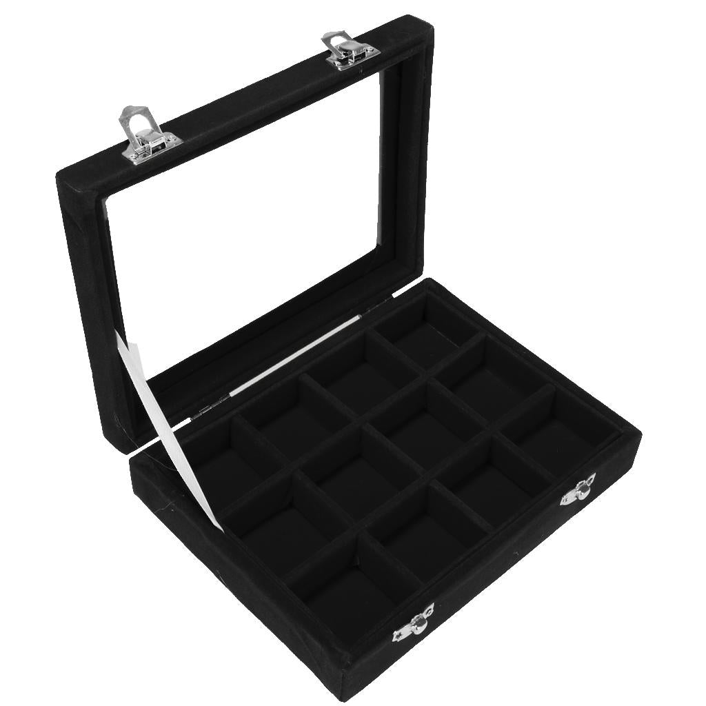 12 Slots Jewelry Display Showcase Multifunction Storage Lockable Black