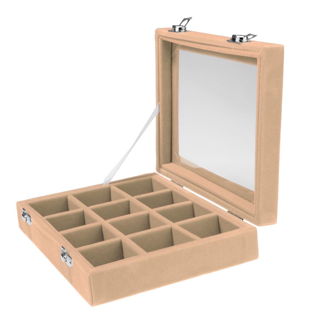 12 Slots Jewelry Display Showcase Multifunction Storage Lockable Beige