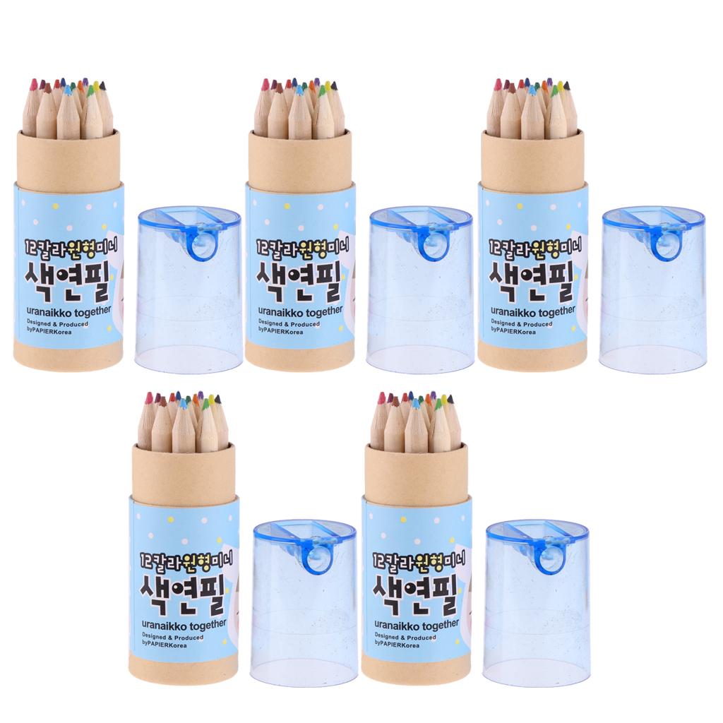 5Pcs 12 Colored Pencil with Container Sharpener Child Writing Card Blue Tube