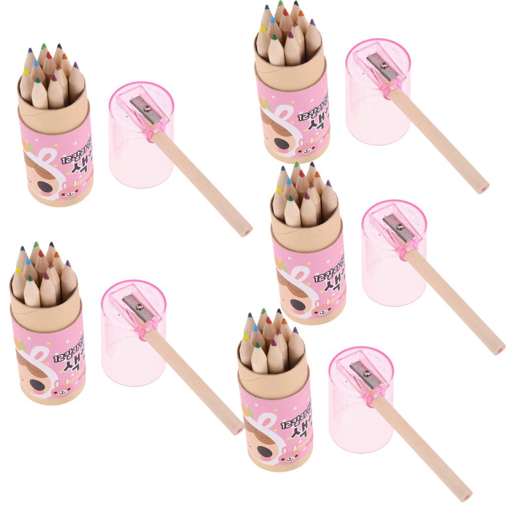 5Pcs 12 Colored Pencil with Container Sharpener Child Writing Card Pink Tube