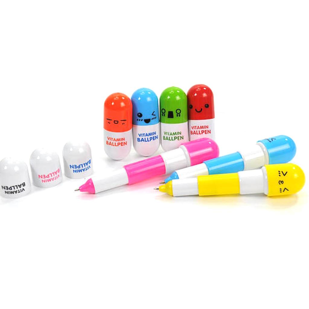 10 Pieces Smiling Face Pill Ball Point Pens Vitamin Capsule Ballpens -Red