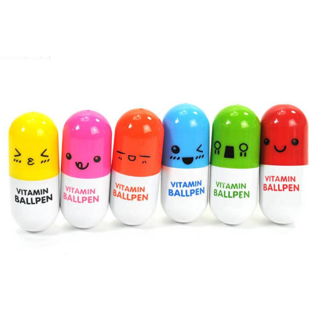 10 Pieces Smiling Face Pill Ball Point Pens Vitamin Capsule Ballpens -Red