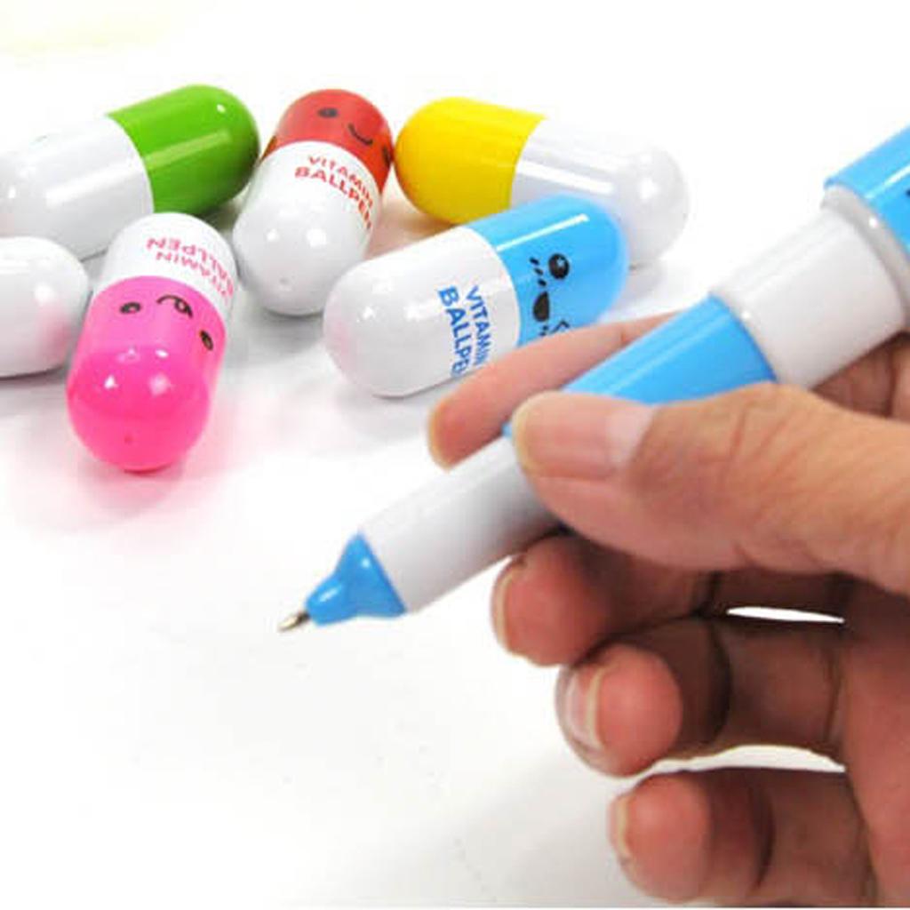 10 Pieces Smiling Face Pill Ball Point Pens Vitamin Capsule Ballpens -Red