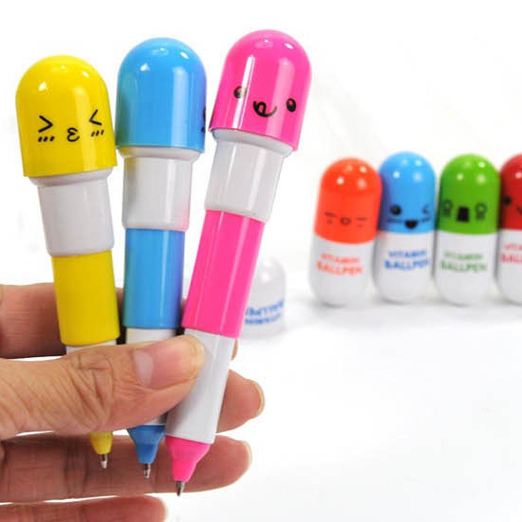 10 Pieces Smiling Face Pill Ball Point Pens Vitamin Capsule Ballpens -Red