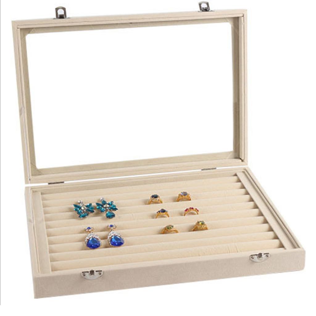 Jewelry Display Organizer Earring / Ring Holder Necklace Storage Box Beige