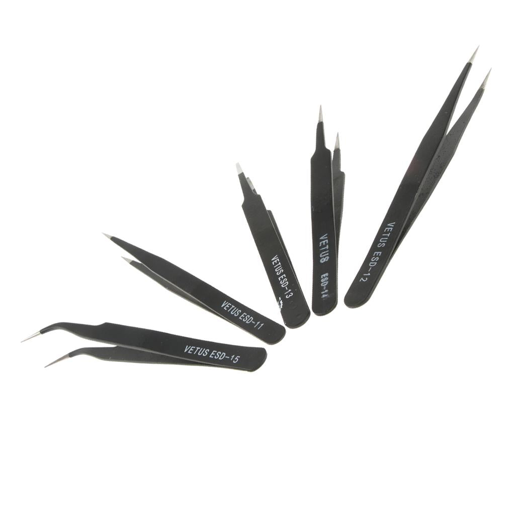 5 Pcs Stainless Steel Thickened Anti Static Tweezers for PCB Electronics, Fine Tip