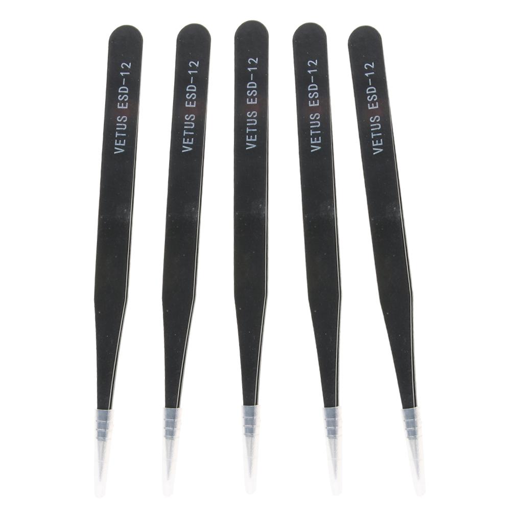 5 Pcs Stainless Steel Thickened Anti Static Tweezers for PCB Electronics, Reinforced