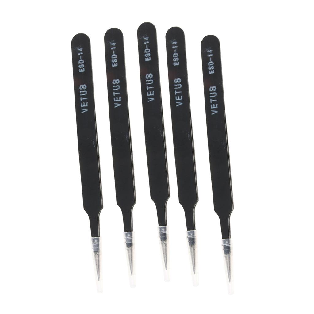 5 Pcs Stainless Steel Thickened Anti Static Tweezers for PCB Electronics, Very Fine Tip