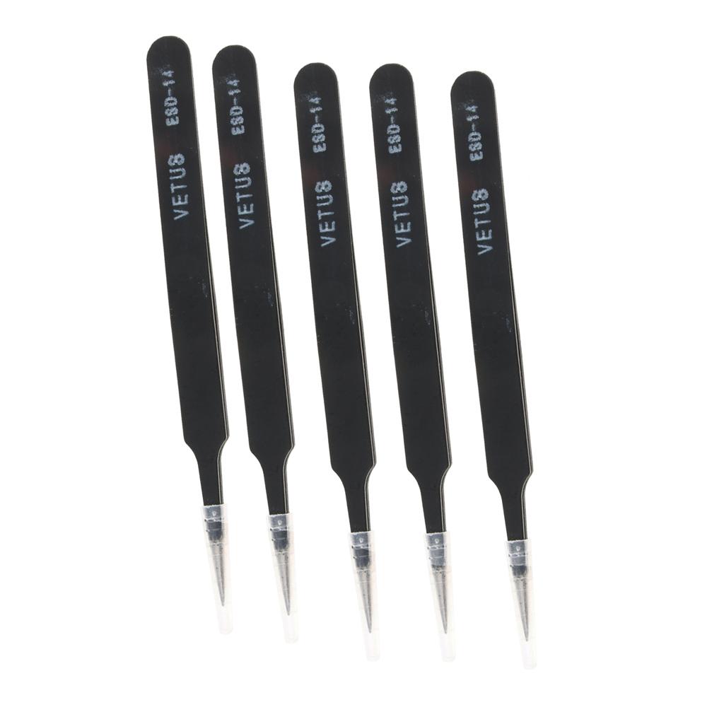 5 Pcs Stainless Steel Thickened Anti Static Tweezers for PCB Electronics, Very Fine Tip