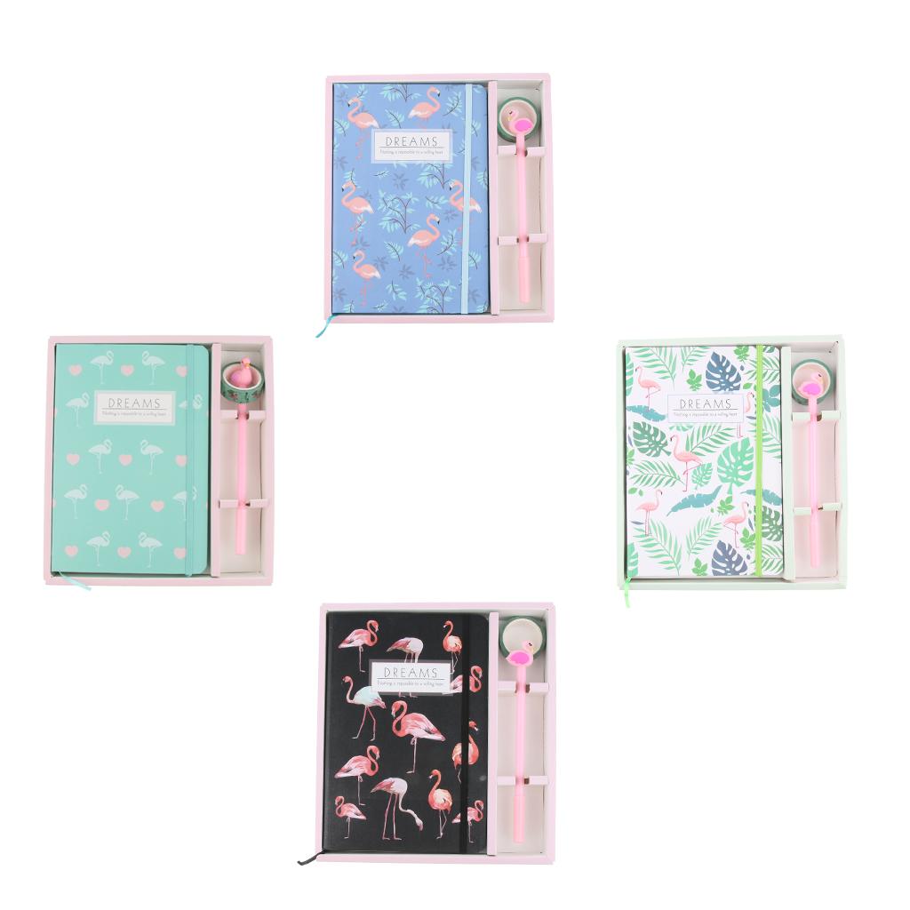 Stylish Flamingo Hardcover Writing Notebook Pack with Gel Pen & Tapes Leaves