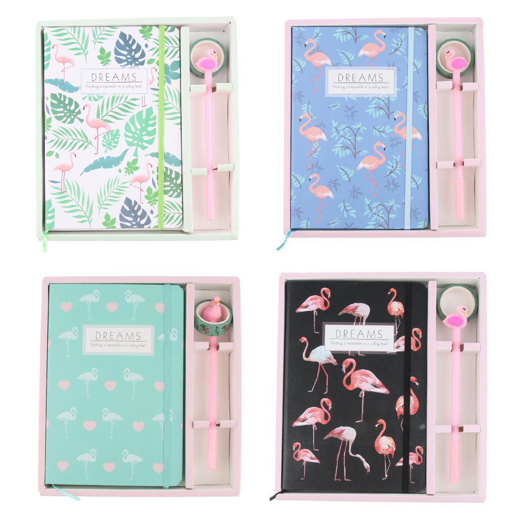 Stylish Flamingo Hardcover Writing Notebook Pack with Gel Pen & Tapes Leaves