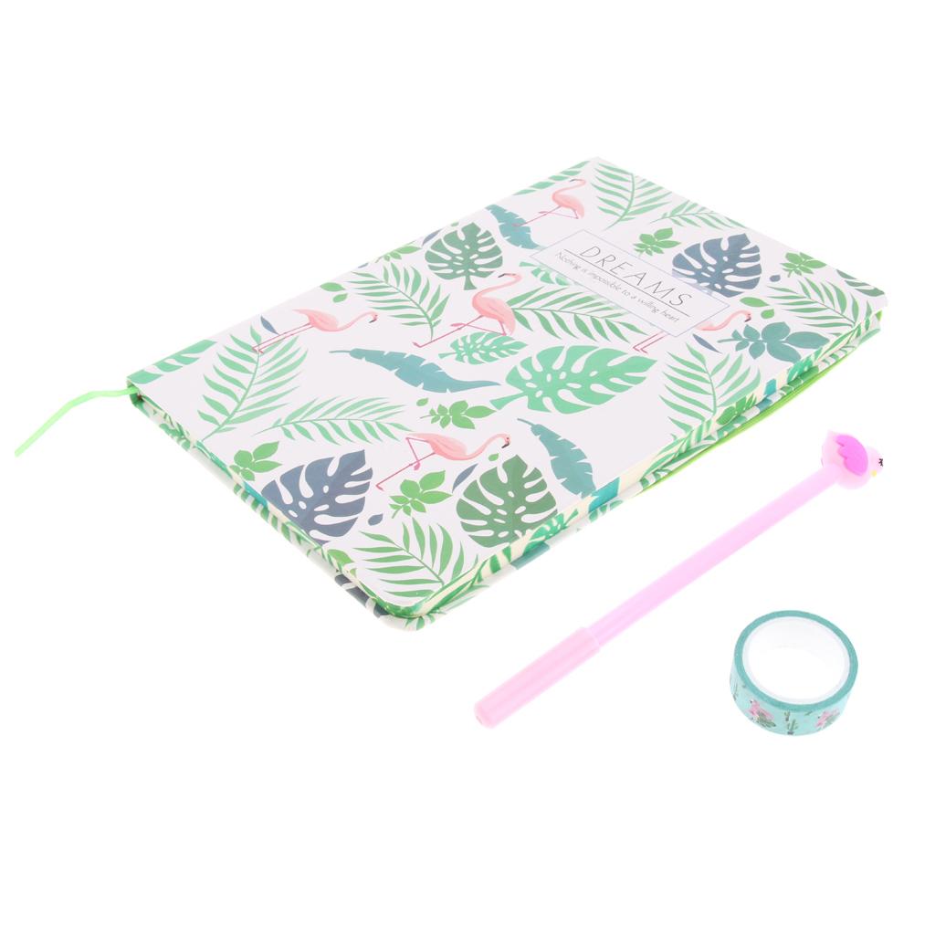 Stylish Flamingo Hardcover Writing Notebook Pack with Gel Pen & Tapes Leaves