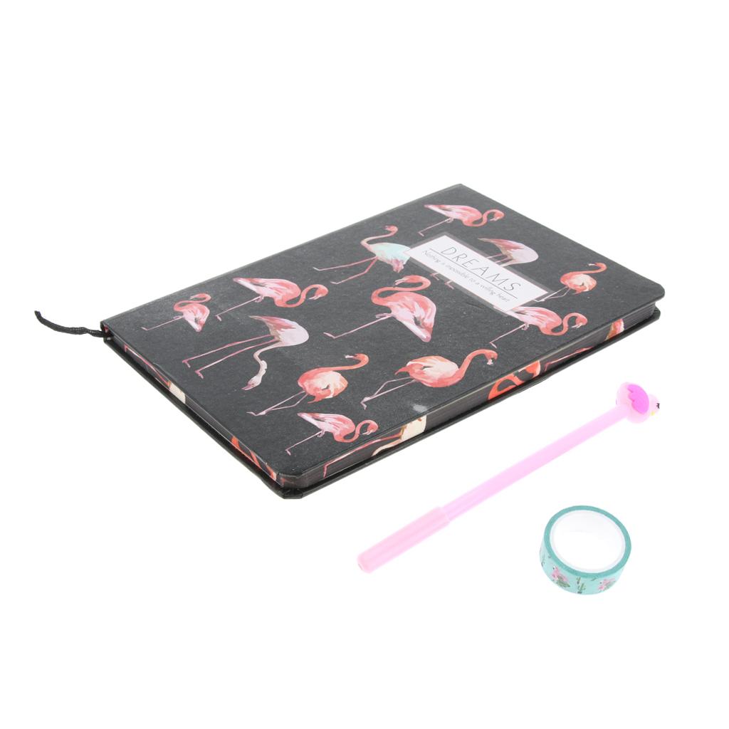 Stylish Flamingo Hardcover Writing Notebook Pack with Gel Pen & Tapes Black