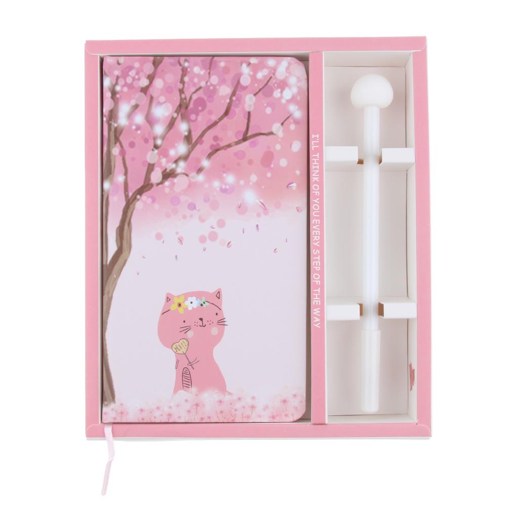 Cute Kitten Hardcover Writing Notebook Pack with Gel Pen #2 Cherry Blossom