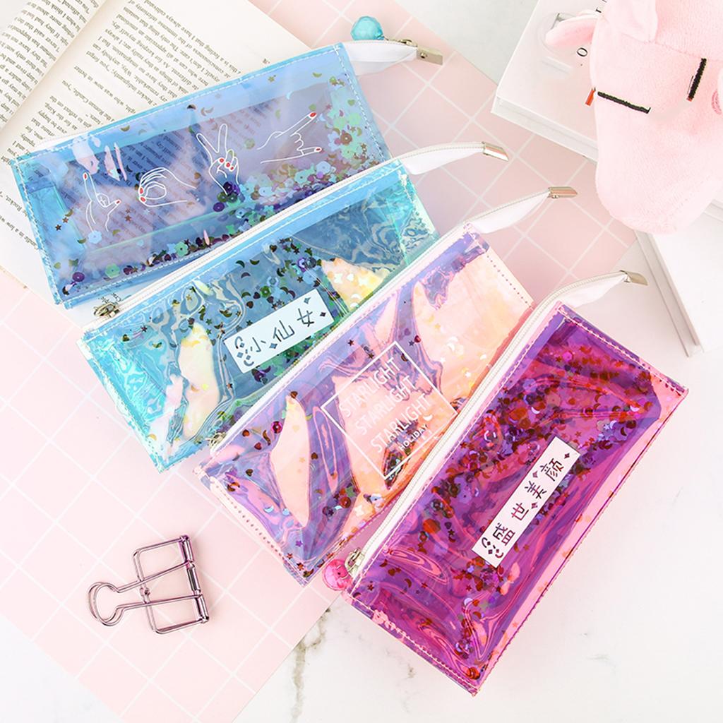 Shiny Transparent Pencil Bag Pen Holder Stationery Storage Organizer #2