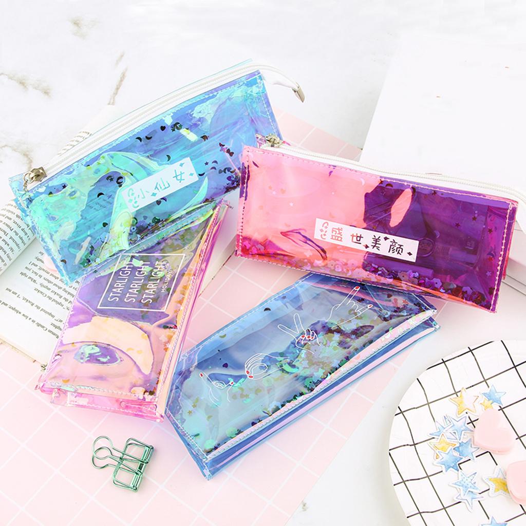 Shiny Transparent Pencil Bag Pen Holder Stationery Storage Organizer #2