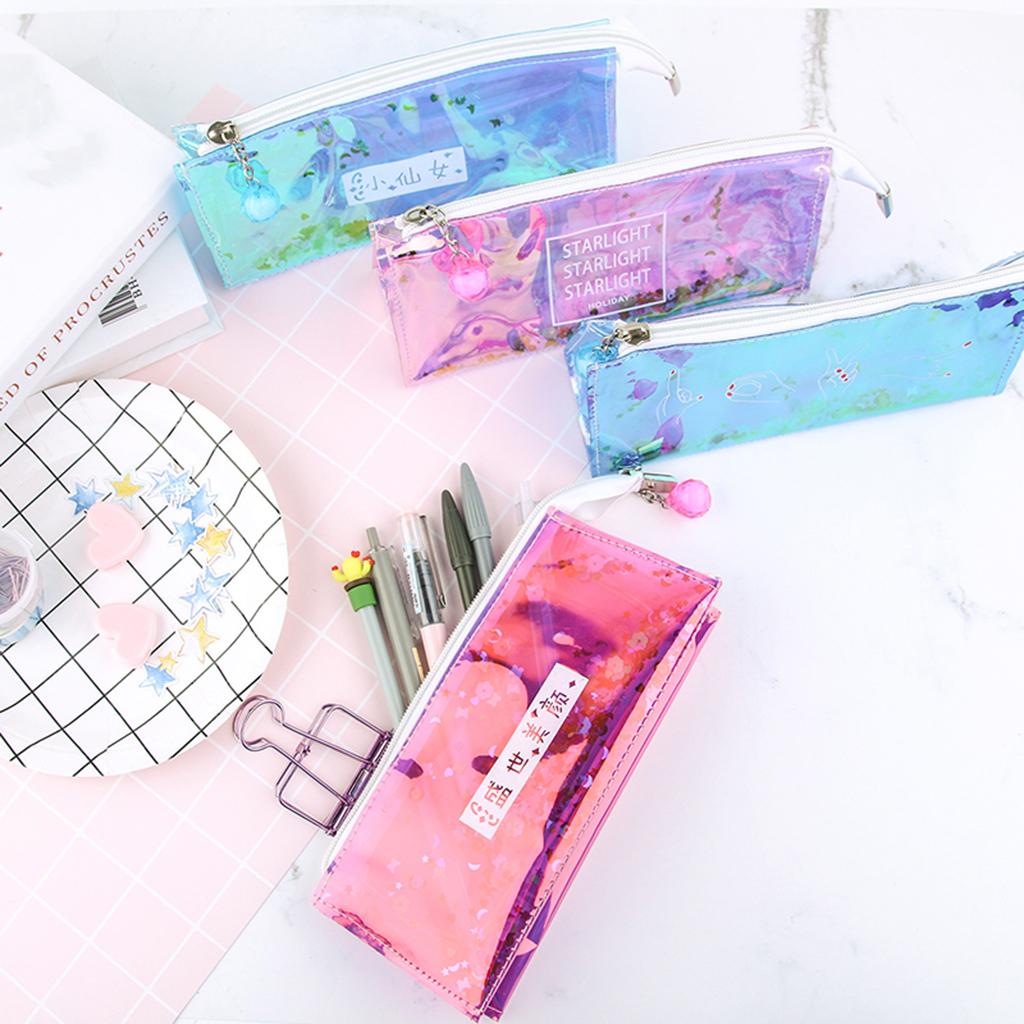 Shiny Transparent Pencil Bag Pen Holder Stationery Storage Organizer #3