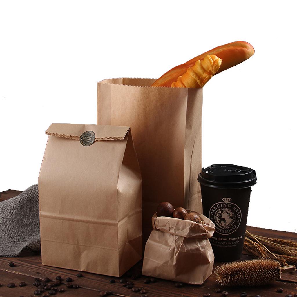 100 Pcs Kraft Paper Food Packing Bags Unwaxed Oilproof Takeout 13x8x24cm