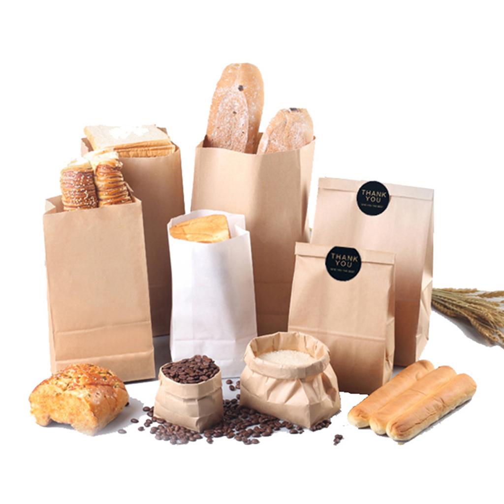 100 Pcs Kraft Paper Food Packing Bags Unwaxed Oilproof Takeout 13x8x24cm