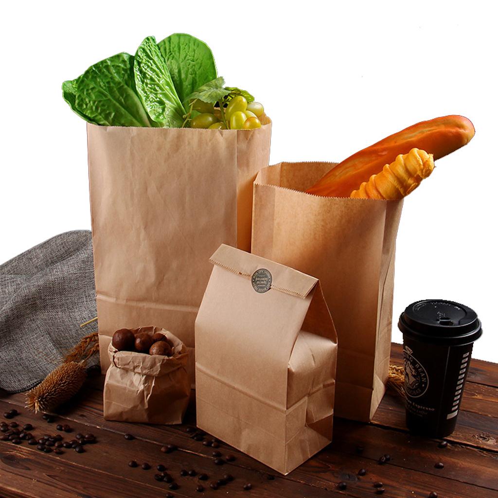 100 Pcs Kraft Paper Food Packing Bags Unwaxed Oilproof Takeout 13x8x24cm