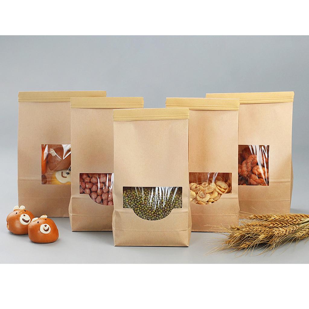 25 Pieces Resealable Kraft Paper Packaging Bag Bakery Bags Food Storage Pouch Window