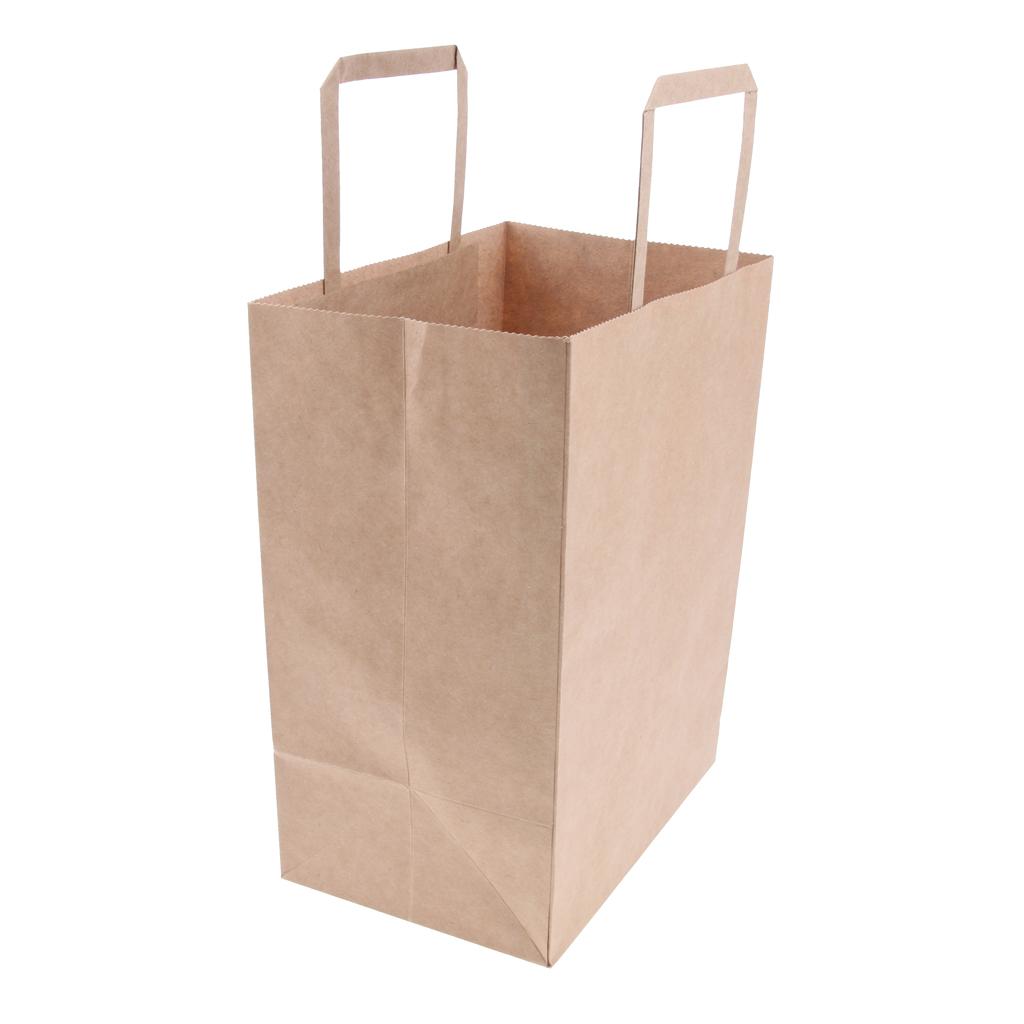 10 Brown Kraft Paper Bags Food Carrier Takeaway with Handles 205*140*275 mm