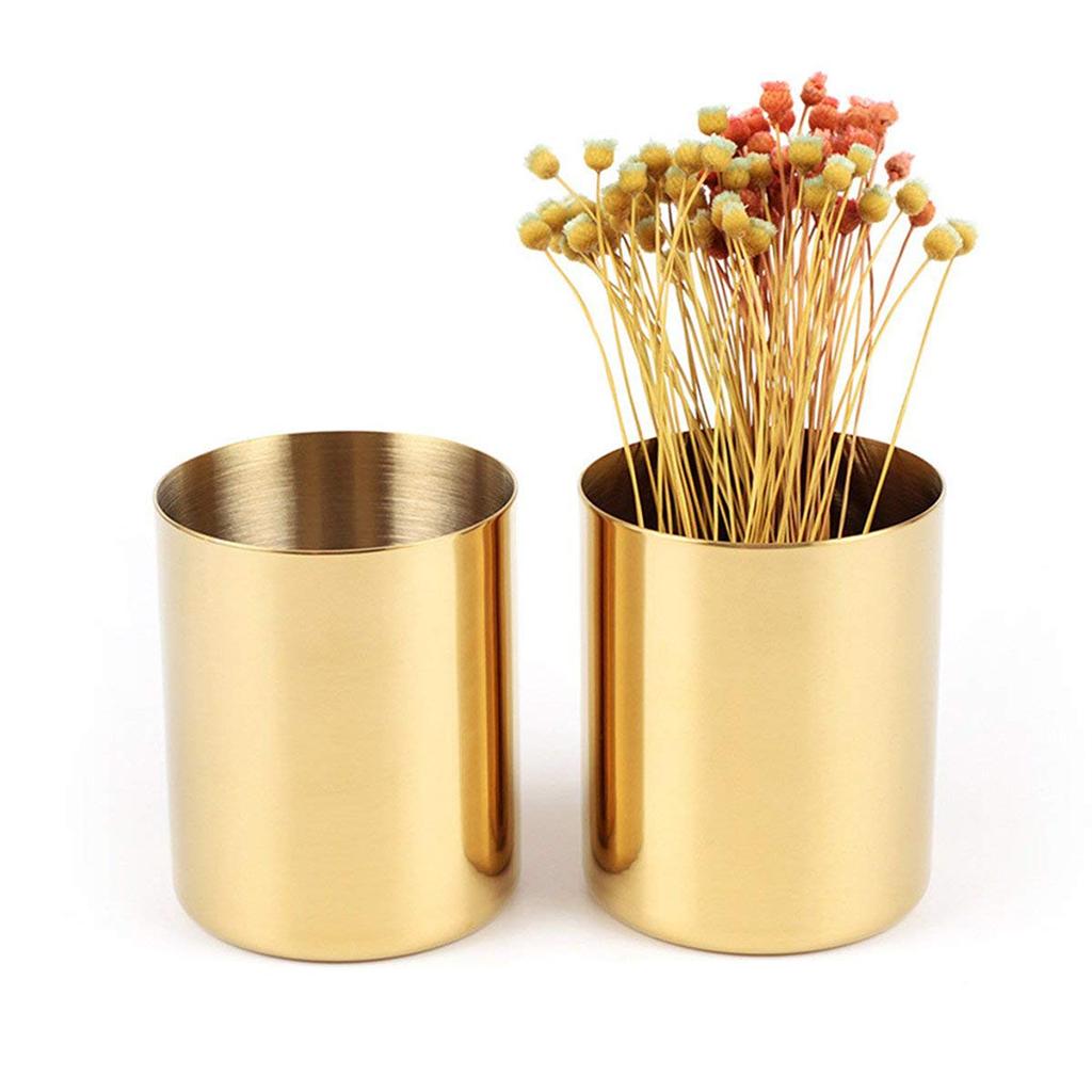 Modern Gold Round Pencil Holder Pen Pot Desktop Organizer Accents Vase simple metal plated