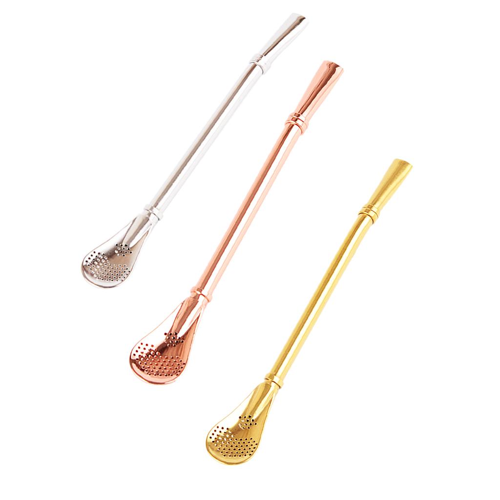 Creative Multifunction Stainless Steel Straw with Filter Spoon Mixing Spoon Gold
