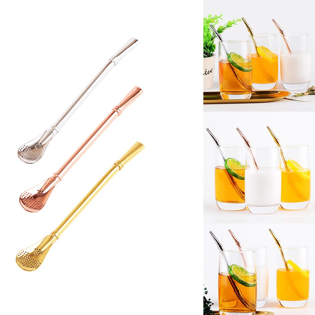 Creative Multifunction Stainless Steel Straw with Filter Spoon Mixing Spoon Gold