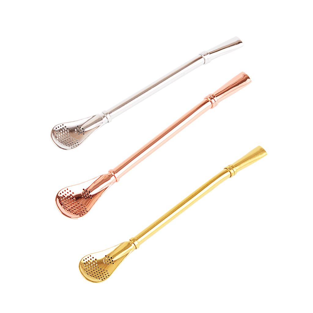 Creative Multifunction Stainless Steel Straw with Filter Spoon Mixing Spoon Gold