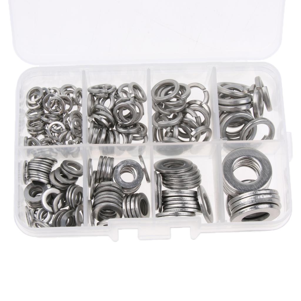 200PCS Flat Washers Spring Lock Washers Assortment Kit Stainless Steel M5 M6 M8 M10