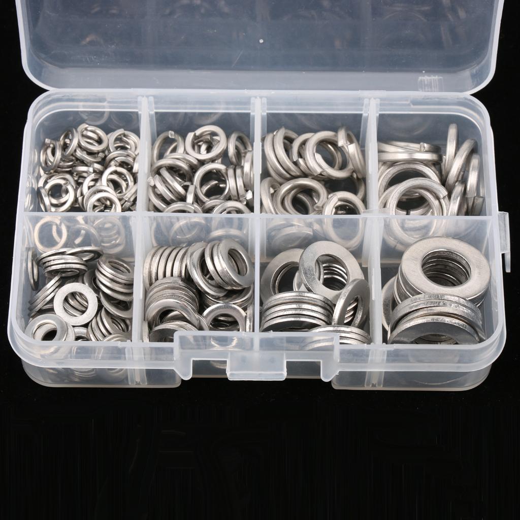 200PCS Flat Washers Spring Lock Washers Assortment Kit Stainless Steel M5 M6 M8 M10