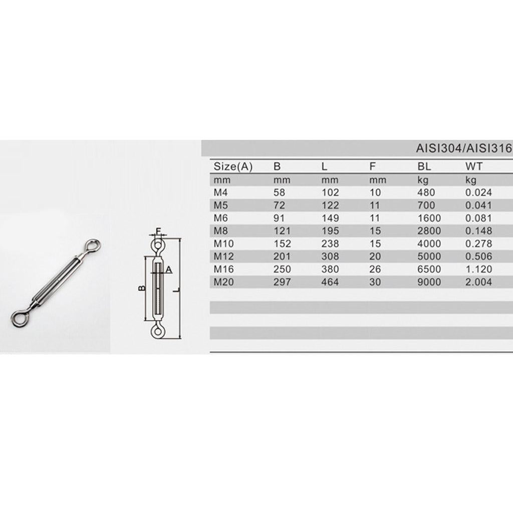 Stainless Steel Turnbuckle Wire Rope Tensioner Hook Eye Rigging Screw M4