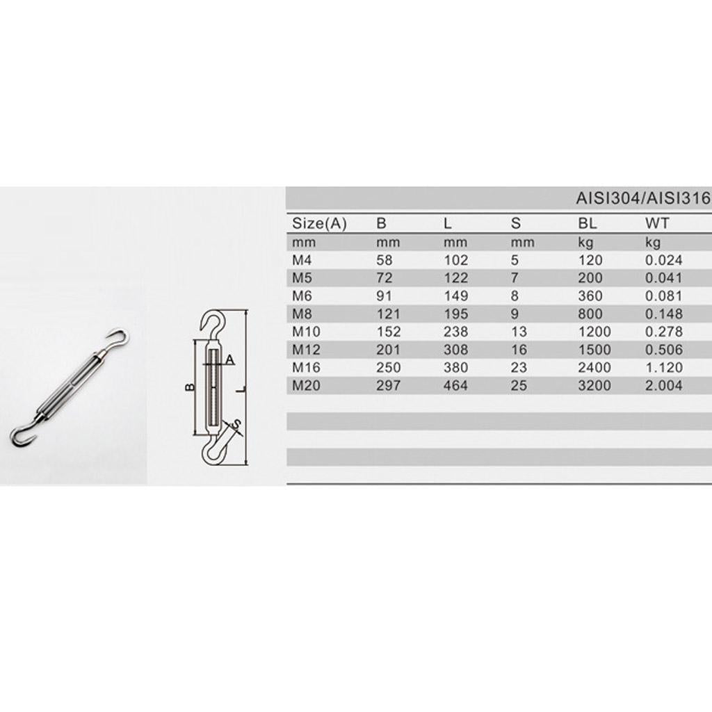 Stainless Steel 304 Hook & Hook Turnbuckle Wire Rope Tension Pack Of 1 M4