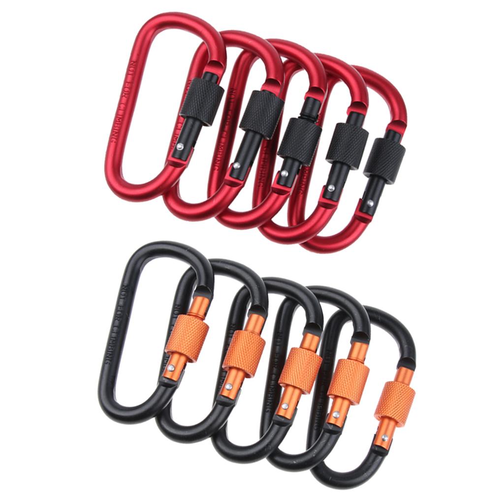 5pcs Aluminum Alloy D Shape Carabiners Keychain Clips Buckles Outdoors Black