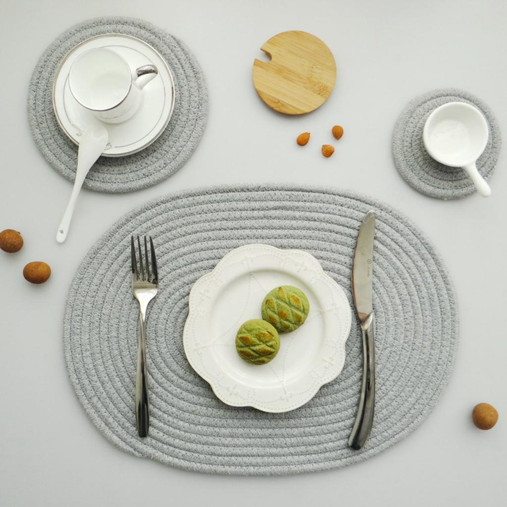 Round Cotton Braided Table Placemats Non-Slip Coaster Table Mats Gray 30cm