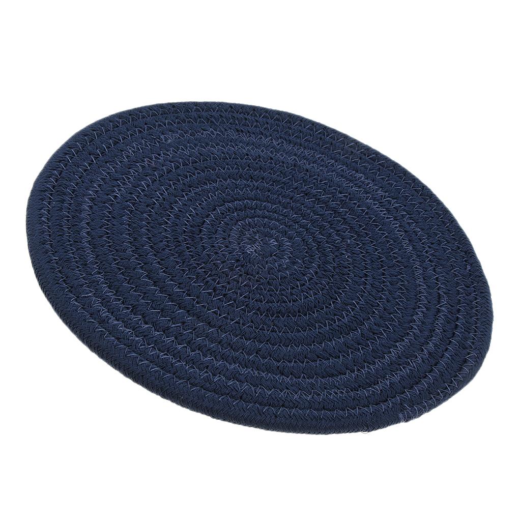 24cm Cotton Braided Round Table Placemat Thermal Insulation Mat Dark Blue