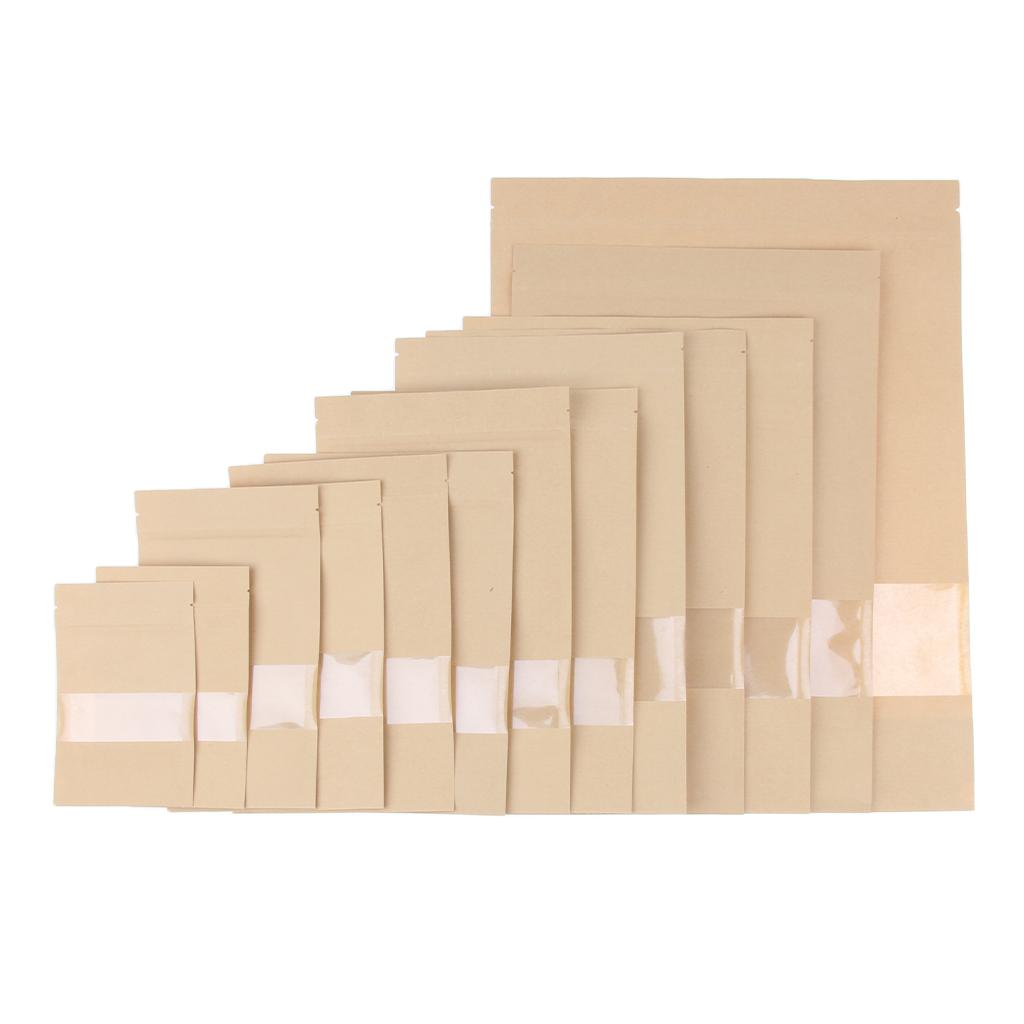 100x Kraft Paper Bags Stand Up Pouch Food Packaging Window 9x14cm