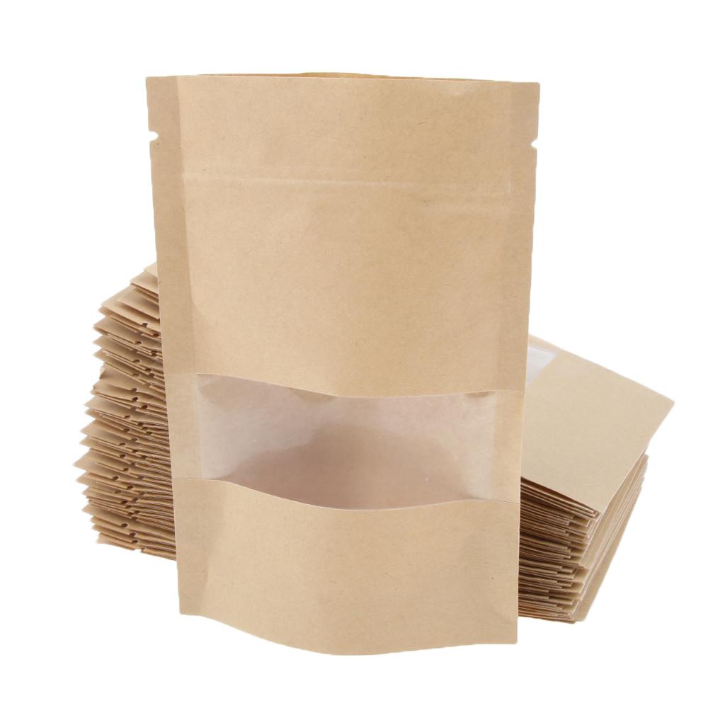 50x Kraft Paper Bag Stand Up Pouch Food Zip Lock Packaging w/ Window 9x14+3